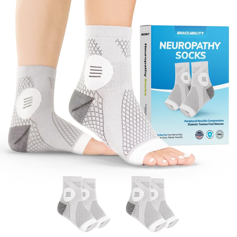 BraceAbility Neuropathy Socks (2 Pairs) - Multipack Peripheral Compression Diabetic Toeless Foot Sleeves for Nerve Damage in Feet, Ankle Gout, Plantar Fasciitis Relief for Men and Women (L - Gray)