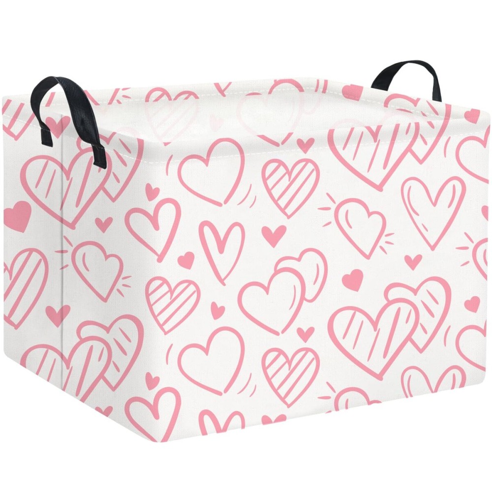 HIYAGON Rectangular Pink Basket Kids Baby Storage Bin Toy Basket Organizer Box for Girls Love Room Decor(Pink Striped Heart)