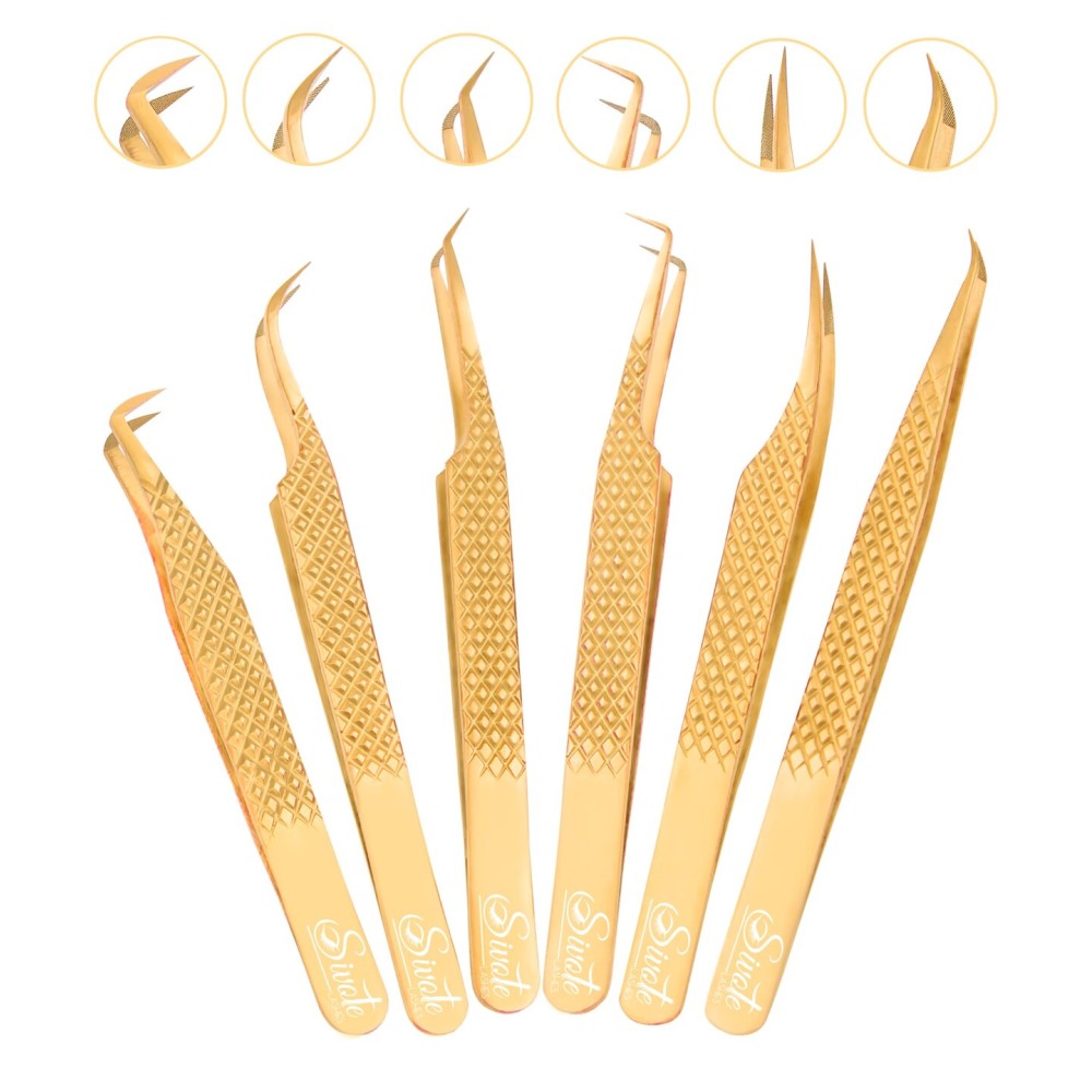 SIVOTE Eyelash Extension Tweezers Fiber Tips Japanese Steel, Set of 6, Curved, Dolphin, 90 Degree 45 Degree, Volume Boot & Slight Curved Tweezer, Gold
