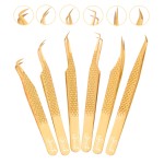 SIVOTE Eyelash Extension Tweezers Fiber Tips Japanese Steel, Set of 6, Curved, Dolphin, 90 Degree 45 Degree, Volume Boot & Slight Curved Tweezer, Gold
