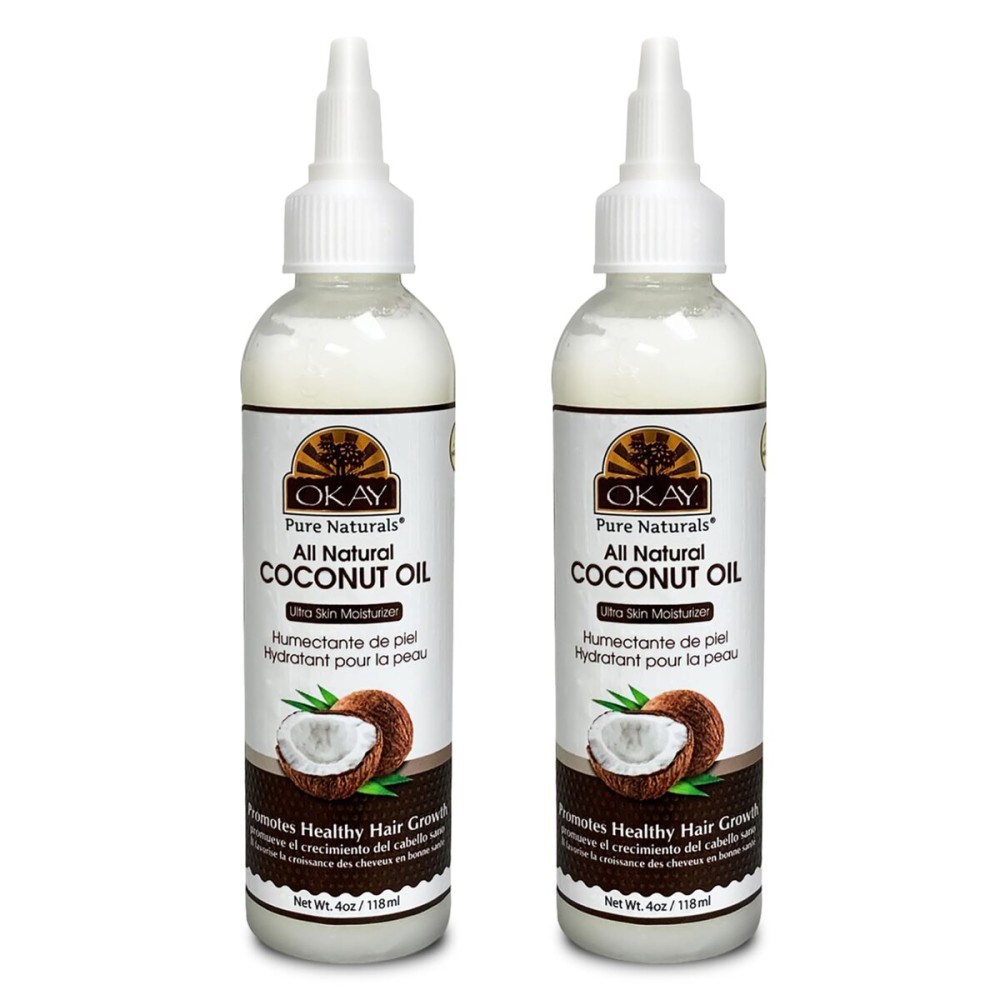 Okay 100% Pure Coconut Oil for Hair & Skin - Coconut Oil for Women & Men, Perfect for Body, Face, Natural Massage Oil & Moisturizer - 4 Fl Oz Squeeze Bottle (Pack of 2)