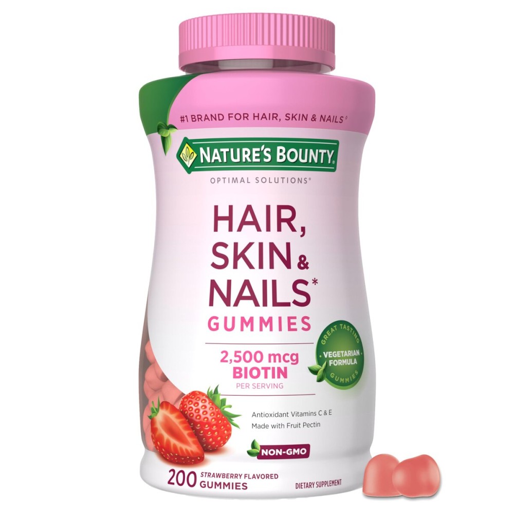 Nature\'s Bounty Optimal Solutions Hair, Skin and Nails Pectin Gummies, 2500 mcg Biotin Per Serving, No Stick Gummy, Vegetarian Formula, Strawberry Flavor, 200 count, 100 Total Servings