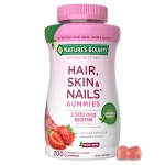 Nature\'s Bounty Optimal Solutions Hair, Skin and Nails Pectin Gummies, 2500 mcg Biotin Per Serving, No Stick Gummy, Vegetarian Formula, Strawberry Flavor, 200 count, 100 Total Servings