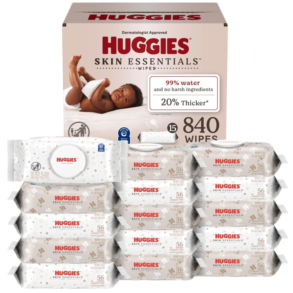 Huggies Skin Essentials Baby Wipes, Hypoallergenic, 99% Water, 15 Flip Top Packs (840 Wipes Total)