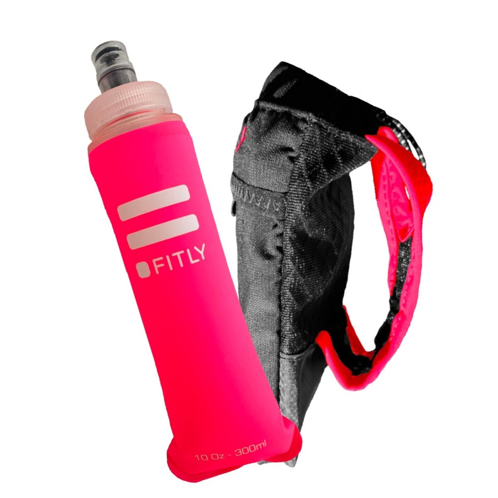 Running Handheld Water Bottle 10 oz Soft Flask - Hand Water Bottle For Runners, Hiking, Skiing & Outdoor Activity - Fits F3LG (300ml) Collapsible Flask - Hydration Holder with Pocket - Pink