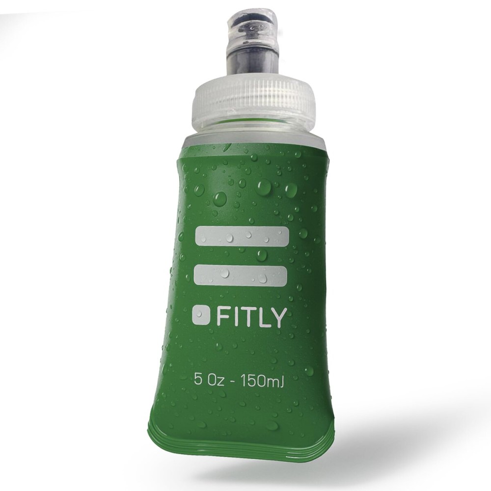 FITLY Soft Flask - 5 oz (150 ml) - Shrink As You Drink Pocket Soft Water Bottle for Hydration Pack/Running Vest - Folding Water Bottle for Running, Hiking, Cycling - Ski Water Bottles - Forest Green