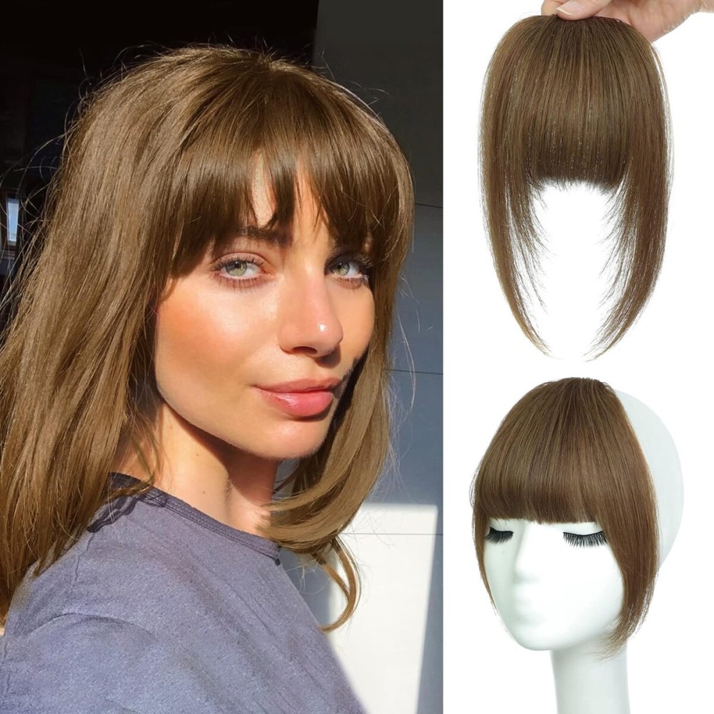NAYOO Bangs Hair Clip - Light Brown Fake Bangs 100% Real Human Hair Extensions French Bangs for Women Fringe with Temples Hairpieces Curved Bangs for Daily Wear(Light Brown, French Bangs)