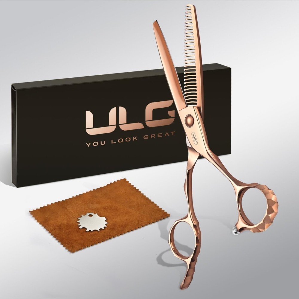 ULG Professional Seamless Hair Thinning Scissors Luxury 18K Rose Gold Coated 6.5 Barber Scissors 440C Japanese Stainless Steel Hand-Honed Convex Blades Offset Handles Tension Adjustable, Right-Handed