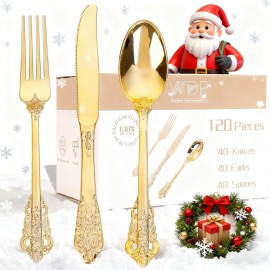 WDF 120PCS Gold Plastic Silverware - Heavy Duty Gold Plastic Cutlery Set Disposable Utensils - 40 Forks, 40 Spoons, 40 Knives, Perfect for Thanksgiving Party/Weeding and Daily Use