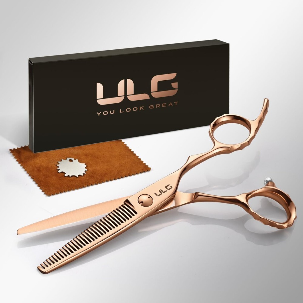 ULG Professional V-Tooth Hair Thinning Scissors Luxury 18K Rose Gold Coated 6.5 Barber Scissors 440C Japanese Stainless Steel Hand-Honed Convex Blades Offset Handles Tension Adjustable, Right-Handed