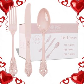 WDF 120 Pieces Heavy Duty Pink Plastic Silverware - Pink Plastic Cutlery Set - Disposable Utensils - Disposable Flatware Includes 40 Forks, 40 Spoons, 40 Knives for Party, Wedding, Valentine\'s Day