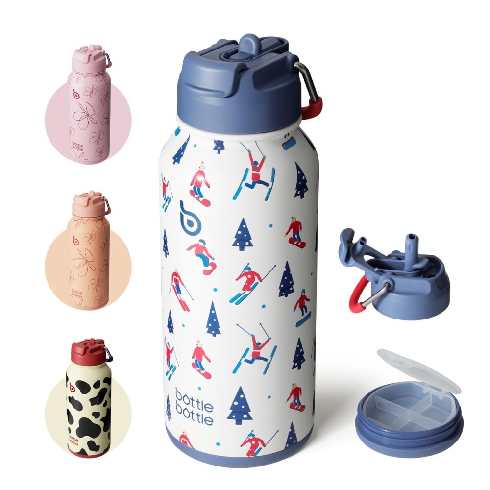 BOTTLE BOTTLE 32 oz Insulated Water Bottle Stainless Steel Sport Water Bottle with Straw Dual-use Lid Design for Gym with Pill Box (Skiing)