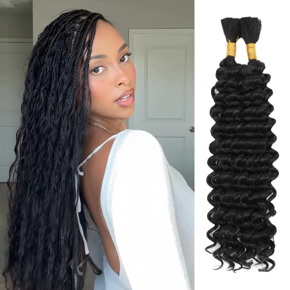 Human Braiding Hair Mix Synthetic Boho Hair for Braiding, 18 Inch Deep Wave Bulk for Boho Braids 2 Pcs Curly Bohemian Wet and Wavy Braiding Hair(1B, 18 Inch-2pcs)