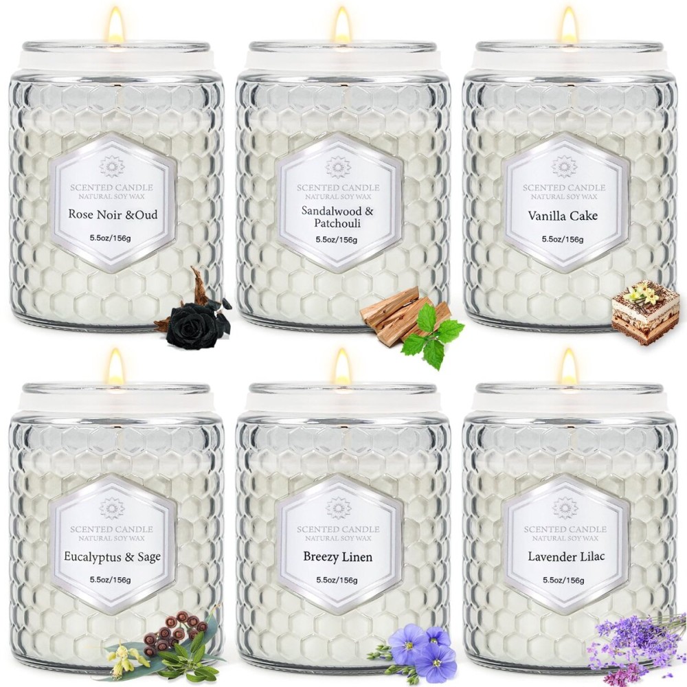6 Pack Scented Candles for Home, Aromatherapy Gift Set for Women, Natural Soy Wax Jar, 33 oz 240 Hour Long Lasting, Birthday and Valentine\'s Day Gift, Flax Gray
