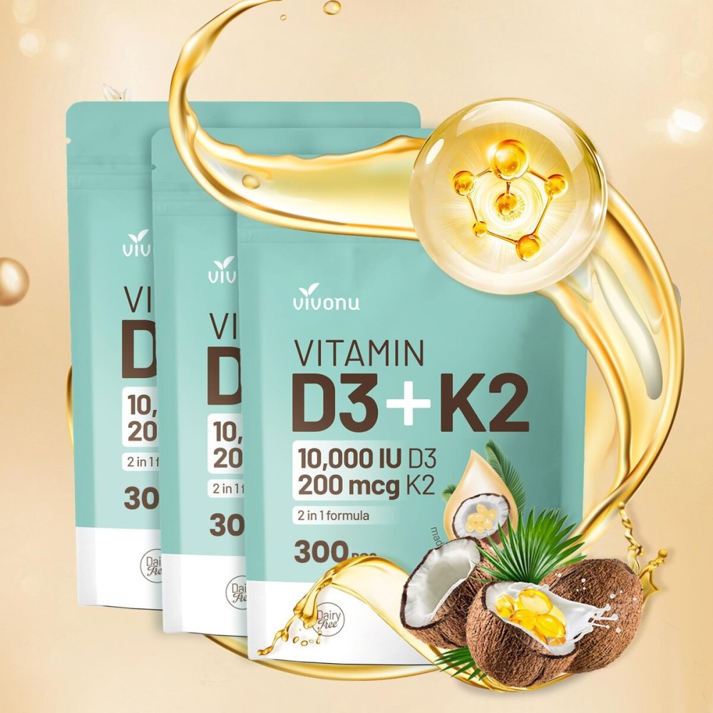 Vitamin D3 10000 iu Plus K2 (MK-7) 200 mcg, 300 Coconut Oil Softgels| 2 in 1 VIT D & K Complex | Supports Calcium Absorption, Bone, Immune, & Heart Health - Easy to Swallow (900 Softgels /3 Bag)