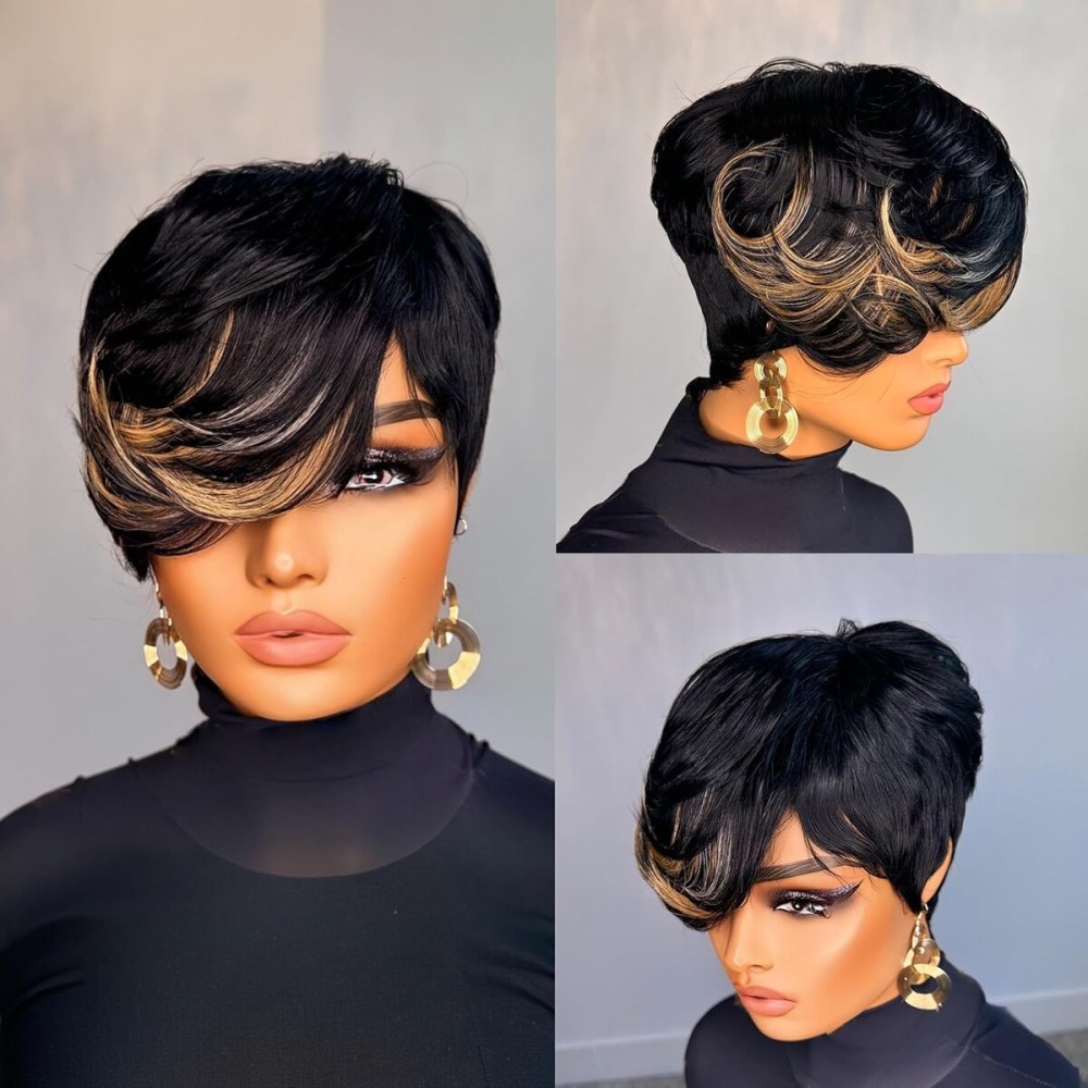 Flandi Pixie Cut Wig Human Hair Short Pixie Cut Wigs for Black Women Human Hair Glueless Pixie Wig Short Layered Brazilian Virgin Human Hair Wigs For Women Color 1B/30/613