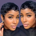 Flandi Short Layered Pixie Cut Wigs for Black Women Pixie Cut Human Hair Wigs With Bangs Natural Black Color for Summer Daily Use Lightwight Glueless Full Machine Made Short Wigs for Women