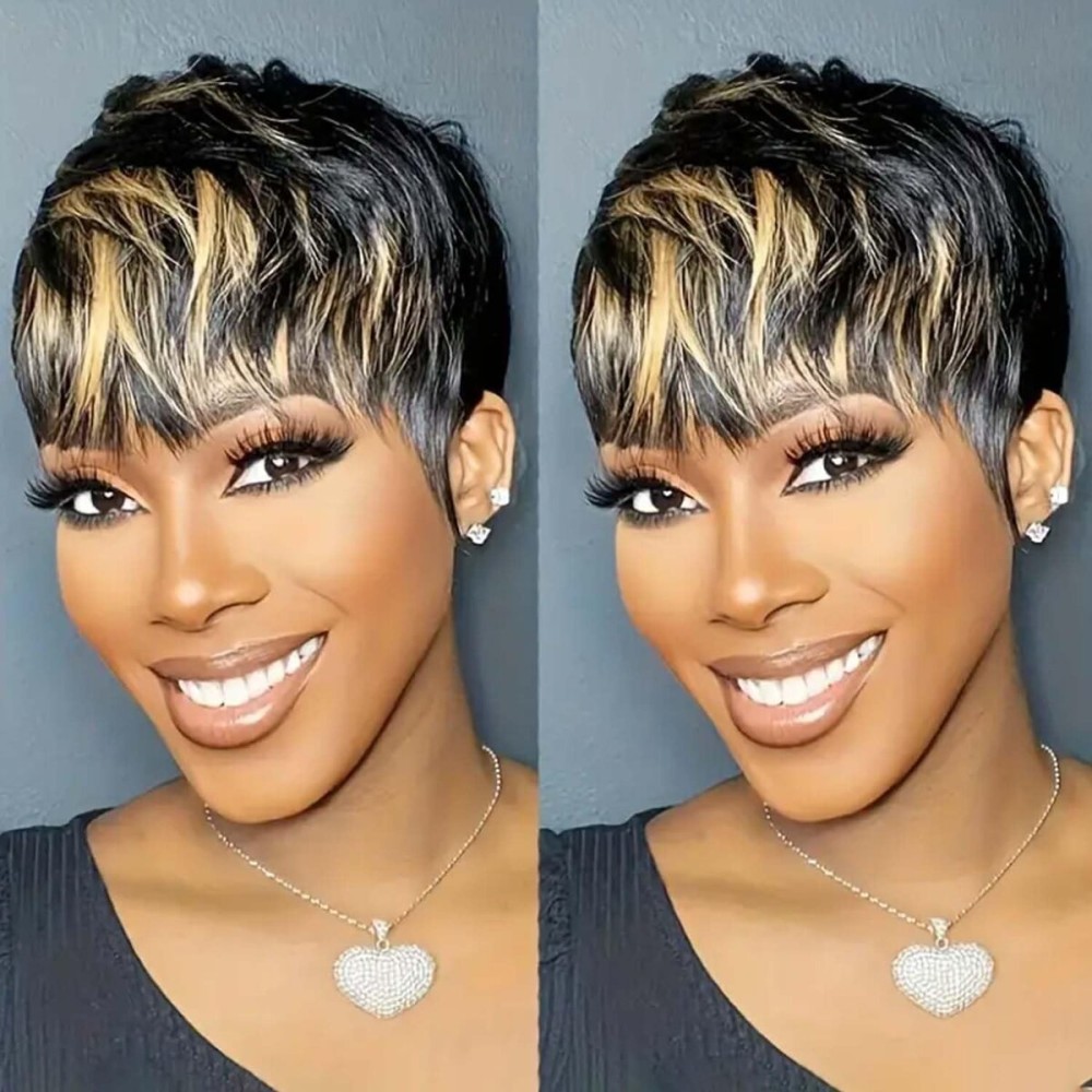 Flandi Pixie Cut Wig Human Hair Short Pixie Cut Wigs for Black Women Human Hair Glueless Pixie Wig Short Layered Brazilian Virgin Human Hair Wigs For Women Color F1B27/30
