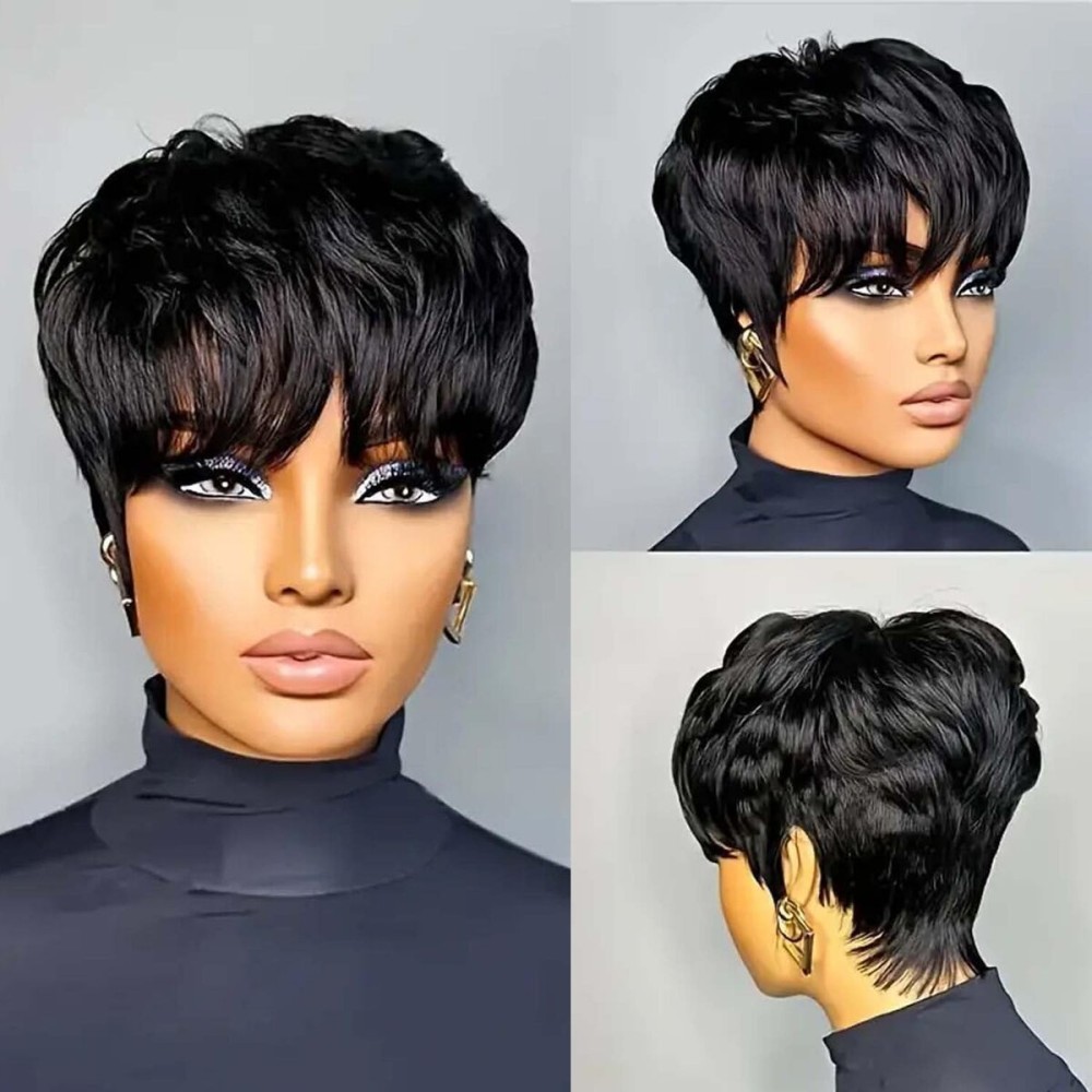 Flandi Pixie Cut Wig Human Hair Short Pixie Cut Wigs for Black Women, 100% Virgin, Glueless, Medium Size Cap, Black, Curly, Modern Style