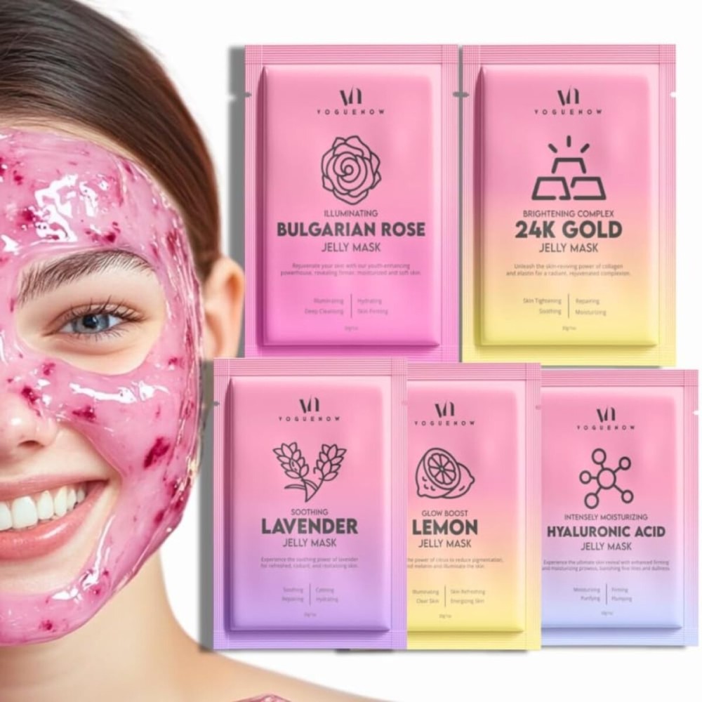 Jelly Mask for Facials - 5 Flavors Hydrating & Brightening Jelly Face Masks | Free Jade Roller & Spatula |Bulgarian Rose Lavender Hyaluronic Acid 24K Gold | Christmas Gifts for Women, Gifts for Women