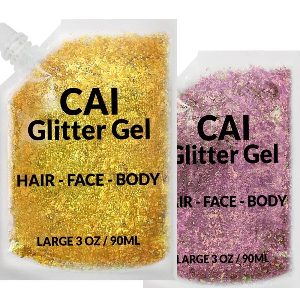 Face, Body & Hair Glitter Gel - Halloween Glitter for Kids and Women - 3 Oz Cosmetic-Grade Gel w/Moon & Stars for Festivals & Halloween Party, Easy Apply & Wash Off - Rose/Gold 2Pack