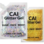 Face, Body & Hair Glitter Gel - Halloween Glitter for Kids and Women - 3 Oz Cosmetic-Grade Gel w/Moon & Stars for Festivals & Halloween Party, Easy Apply & Wash Off - Silver/Gold 2Pack