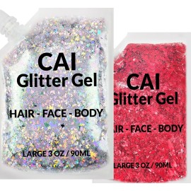 Face, Body & Hair Glitter Gel - Halloween Glitter for Kids and Women - 3 Oz Cosmetic-Grade Gel w/Moon & Stars for Festivals & Halloween Party, Easy Apply & Wash Off - Red/Silver 2Pack
