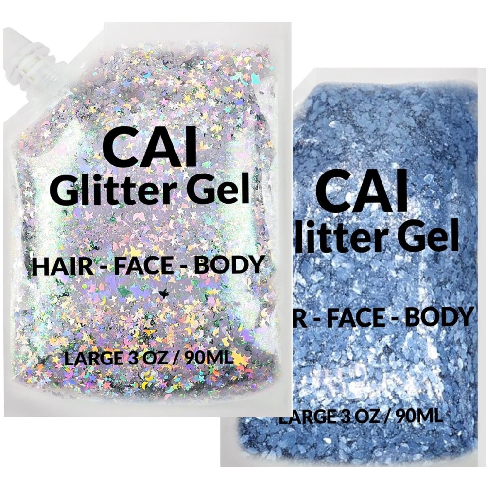 Face, Body & Hair Glitter Gel - Halloween Glitter for Kids and Women - 3 Oz Cosmetic-Grade Gel w/Moon & Stars for Festivals & Halloween Party, Easy Apply & Wash Off - Blue/Silver 2Pack