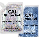 Face, Body & Hair Glitter Gel - Halloween Glitter for Kids and Women - 3 Oz Cosmetic-Grade Gel w/Moon & Stars for Festivals & Halloween Party, Easy Apply & Wash Off - Blue/Silver 2Pack