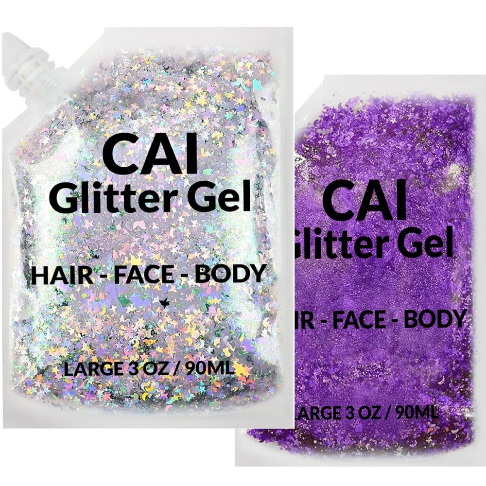Face, Body & Hair Glitter Gel - Halloween Glitter for Kids and Women - 3 Oz Cosmetic-Grade Gel w/Moon & Stars for Festivals & Halloween Party, Easy Apply & Wash Off - Purple/Silver 2Pack