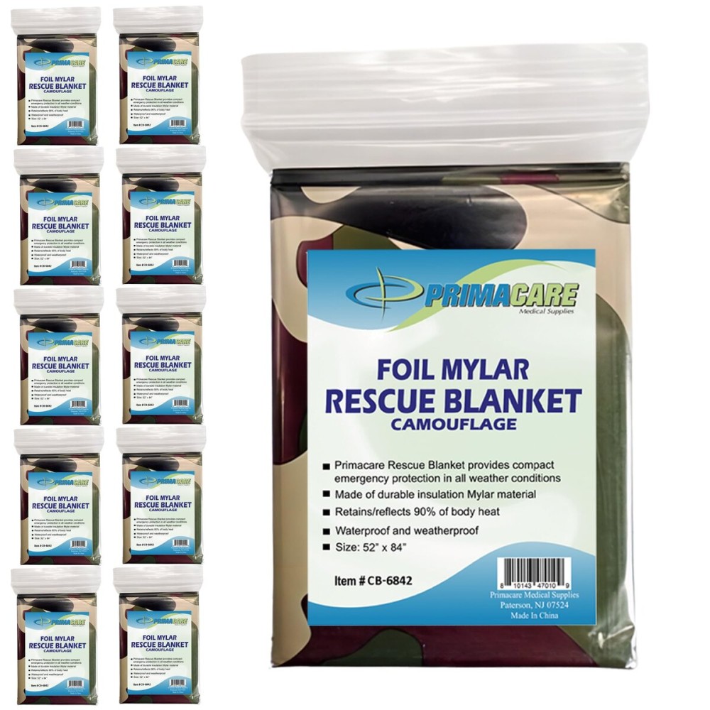 Primacare CB-6842-10 Emergency Mylar Thermal Blankets 10 Pack - 84x52 Waterproof Space Blankets for Survival, First Aid, Camping, Hiking, Outdoor & Emergency Use - Lightweight Camouflage Design