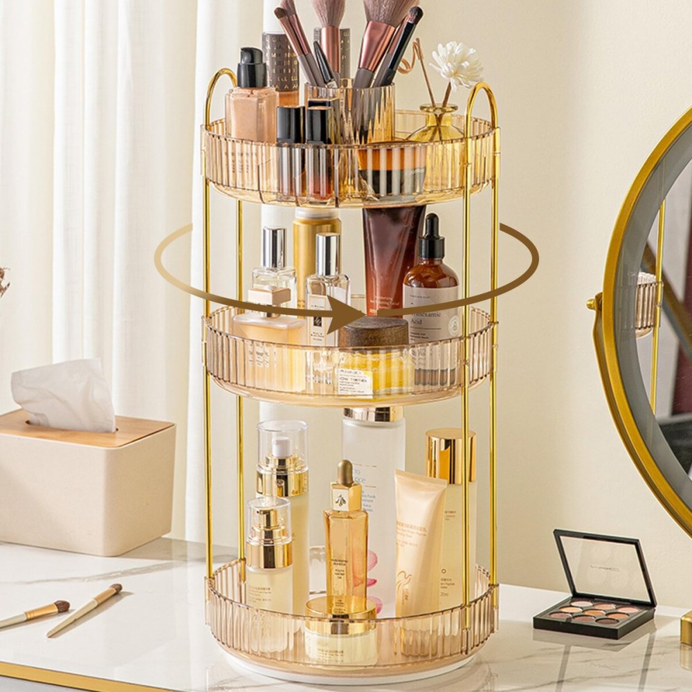 Aveniee 360 Rotating Makeup Organizer for Vanity, Upagraded Perfume Skincare Bathroom Counter Organizers with Brush Divider, 3 Tier Spinning Lipstick Cosmetic Lotion Storage,Gold