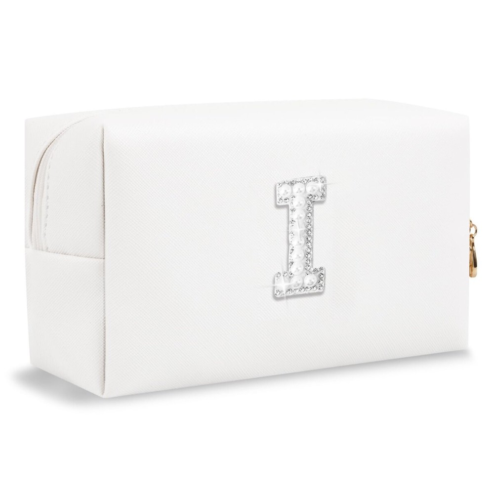Bride Gifts - Personalized Initial Makeup Bag with Pearl Rhinestone Patch, Preppy White Monogram Cosmetic/Toiletry Pouch, bridesmaid Gifts, Bridal Shower Gifts, Wedding Gifts, Bridal Gifts,I