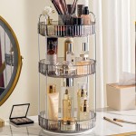 Aveniee 360 Rotating Makeup Organizer for Vanity, Upagraded Perfume Skincare Bathroom Counter Organizers with Brush Divider, 3 Tier Spinning Lipstick Cosmetic Lotion Storage,Grey