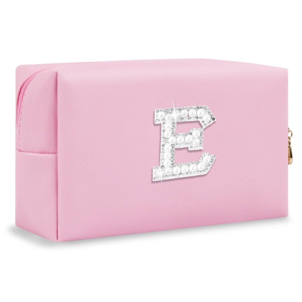 ChaoGreat Bride Gifts - Personalized Initial Makeup Bag with Pearl Rhinestone Patch, Preppy Pink Monogram Cosmetic/Toiletry Pouch, bridesmaid Gifts, Bridal Shower Gifts, Wedding Gifts, Bridal Gifts,E