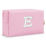 ChaoGreat Bride Gifts - Personalized Initial Makeup Bag with Pearl Rhinestone Patch, Preppy Pink Monogram Cosmetic/Toiletry Pouch, bridesmaid Gifts, Bridal Shower Gifts, Wedding Gifts, Bridal Gifts,E