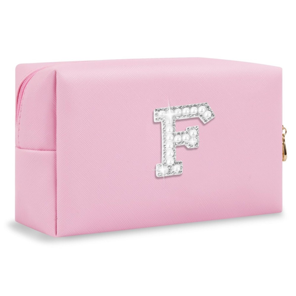ChaoGreat Bride Gifts - Personalized Initial Makeup Bag with Pearl Rhinestone Patch, Preppy Pink Monogram Cosmetic/Toiletry Pouch, bridesmaid Gifts, Bridal Shower Gifts, Wedding Gifts, Bridal Gifts,F
