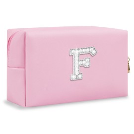 ChaoGreat Bride Gifts - Personalized Initial Makeup Bag with Pearl Rhinestone Patch, Preppy Pink Monogram Cosmetic/Toiletry Pouch, bridesmaid Gifts, Bridal Shower Gifts, Wedding Gifts, Bridal Gifts,F