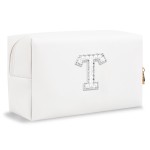 Bride Gifts - Personalized Initial Makeup Bag with Pearl Rhinestone Patch, Preppy White Monogram Cosmetic/Toiletry Pouch, bridesmaid Gifts, Bridal Shower Gifts, Wedding Gifts, Bridal Gifts,T