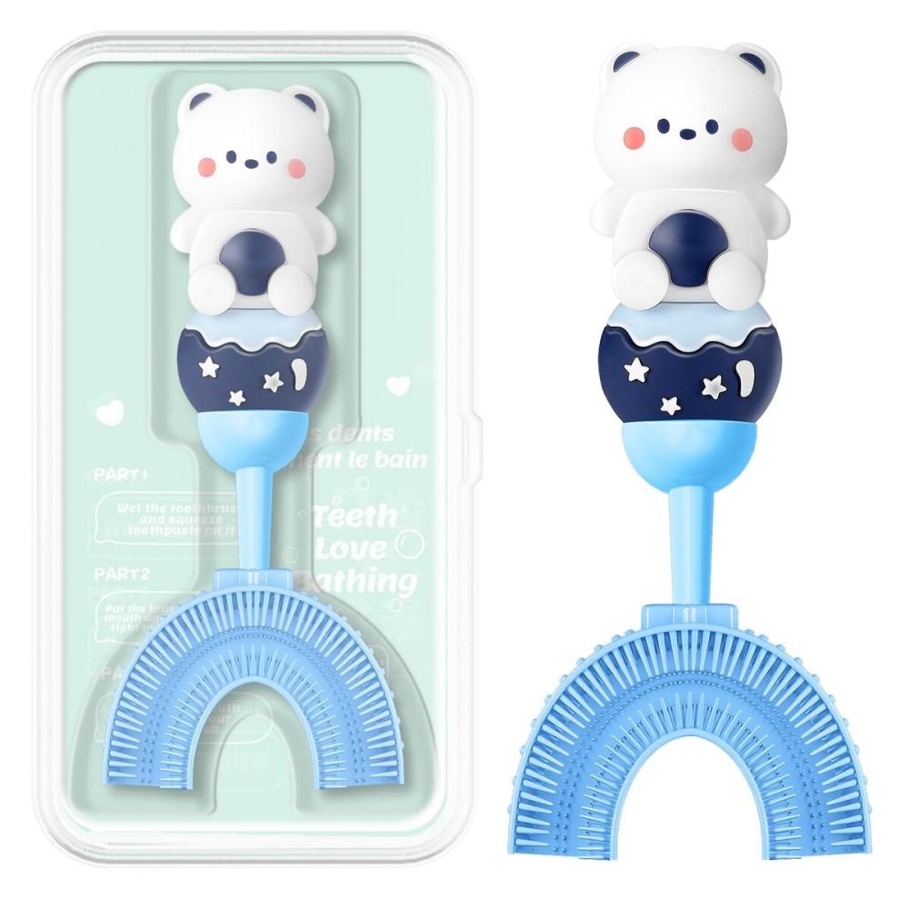 ZMRZ U-Shaped Toothbrush for Kids Ages 2-7 Soft Food-Grade Silicone for Sensitive Gums 360 Teeth Cleaning DesignTraining & Travel-Friendly Toddlers\' Toothbrush (Blue)