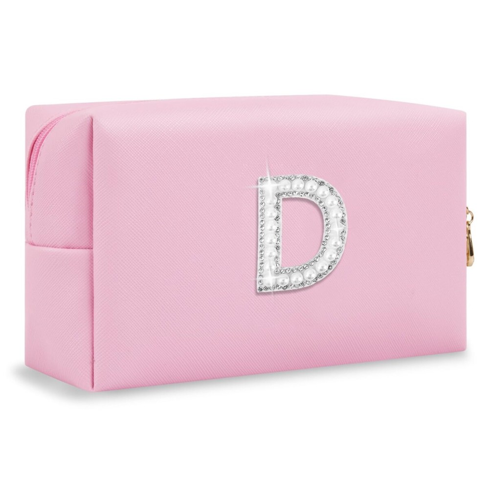 ChaoGreat Bride Gifts - Personalized Initial Makeup Bag with Pearl Rhinestone Patch, Preppy Pink Monogram Cosmetic/Toiletry Pouch, bridesmaid Gifts, Bridal Shower Gifts, Wedding Gifts, Bridal Gifts,D