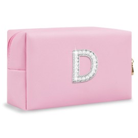 ChaoGreat Bride Gifts - Personalized Initial Makeup Bag with Pearl Rhinestone Patch, Preppy Pink Monogram Cosmetic/Toiletry Pouch, bridesmaid Gifts, Bridal Shower Gifts, Wedding Gifts, Bridal Gifts,D