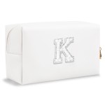 Bride Gifts - Personalized Initial Makeup Bag with Pearl Rhinestone Patch, Preppy White Monogram Cosmetic/Toiletry Pouch, bridesmaid Gifts, Bridal Shower Gifts, Wedding Gifts, Bridal Gifts,K
