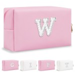 ChaoGreat Bride Gifts - Personalized Initial Makeup Bag with Pearl Rhinestone Patch, Preppy Pink Monogram Cosmetic/Toiletry Pouch, bridesmaid Gifts, Bridal Shower Gifts, Wedding Gifts, Bridal Gifts,W