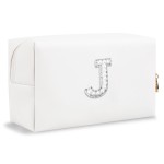 Bride Gifts - Personalized Initial Makeup Bag with Pearl Rhinestone Patch, Preppy White Monogram Cosmetic/Toiletry Pouch, bridesmaid Gifts, Bridal Shower Gifts, Wedding Gifts, Bridal Gifts,J