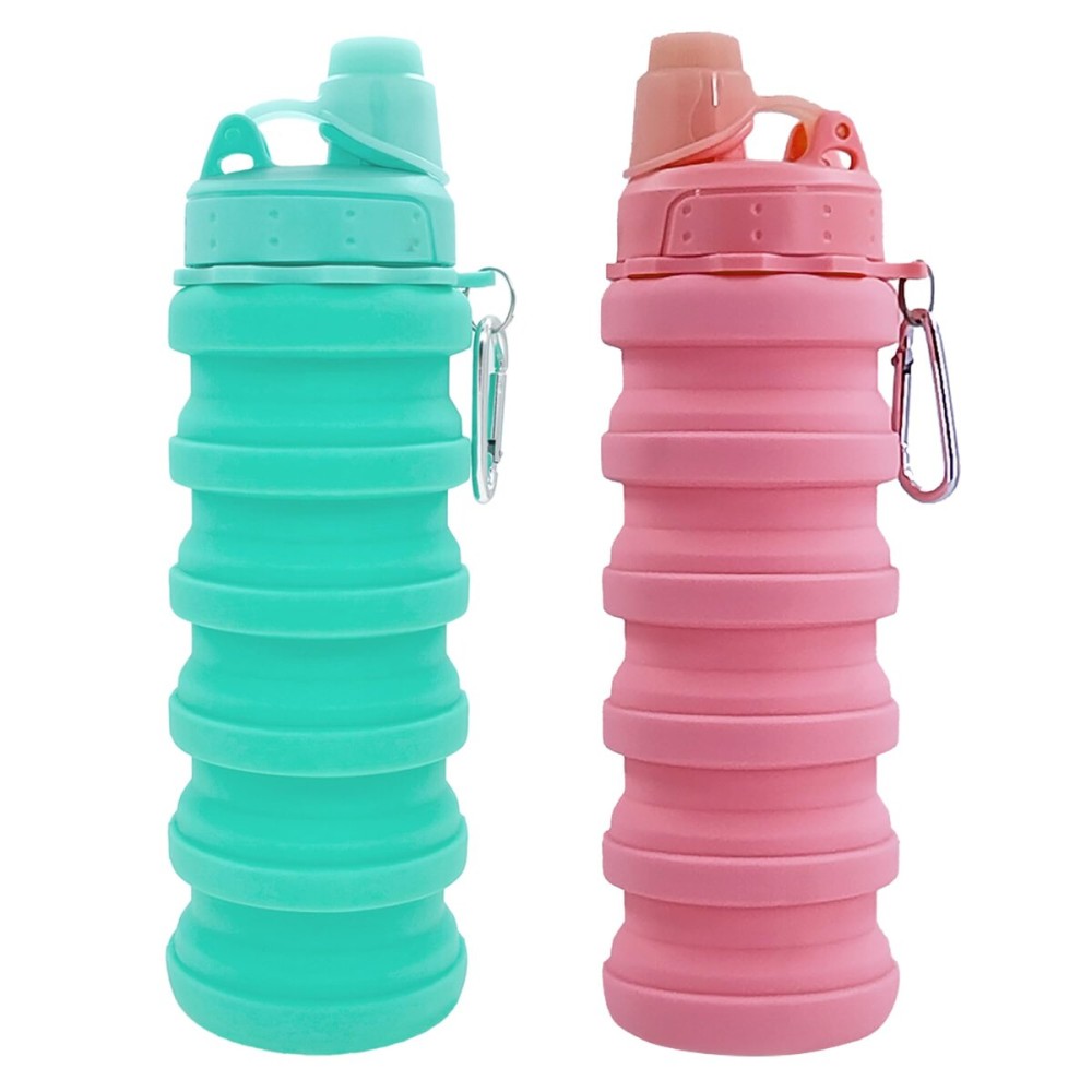 YCTMALL Collapsible Water Bottles Two Pack - Travel Sports Portable Silicone Waterproof Camping Bottles (507ml, Green and Pink Color) with Mountaineering Buckle
