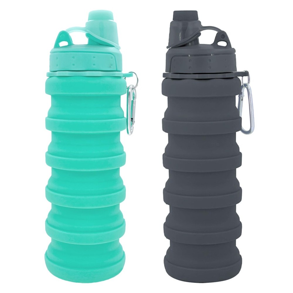 YCTMALL Collapsible Water Bottles Two Pack Travel Sports Portable Sport Water Bottle comes with mountaineering Buckle 504ml silicone Water-proof camping water bottle (Green and Grey Color)