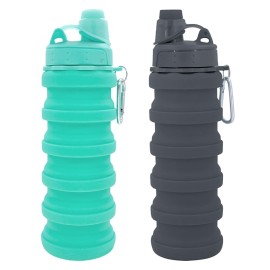 YCTMALL Collapsible Water Bottles Two Pack Travel Sports Portable Sport Water Bottle comes with mountaineering Buckle 504ml silicone Water-proof camping water bottle (Green and Grey Color)