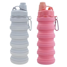 YCTMALL Collapsible Water Bottles Two Pack Travel Sports Portable Sport Bottle with Mountaineering Buckle 502ml Silicone Waterproof Camping Bottle (Light Grey and Pink Color)