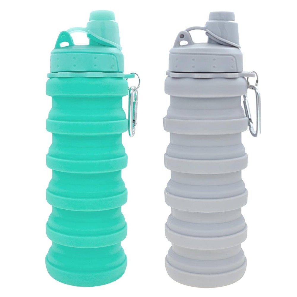 YCTMALL Collapsible Water Bottles Two Pack Travel Sports Portable Sport Water Bottle comes with mountaineering Buckle 505ml silicone Water-proof camping water bottle (Green and Light grey Color)